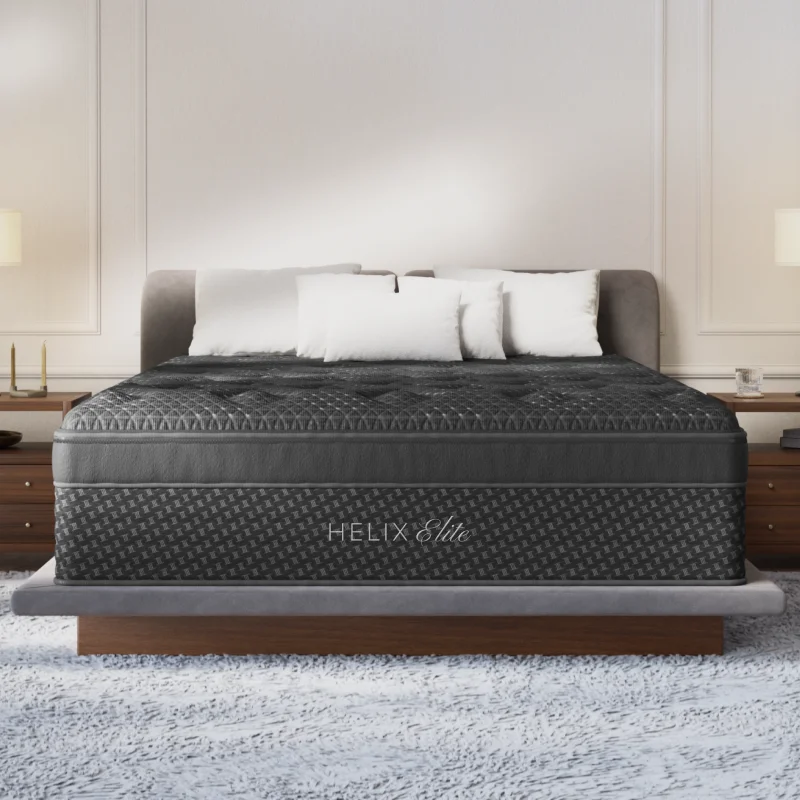 Helix Elite mattress on a platform bed in a bright bedroom