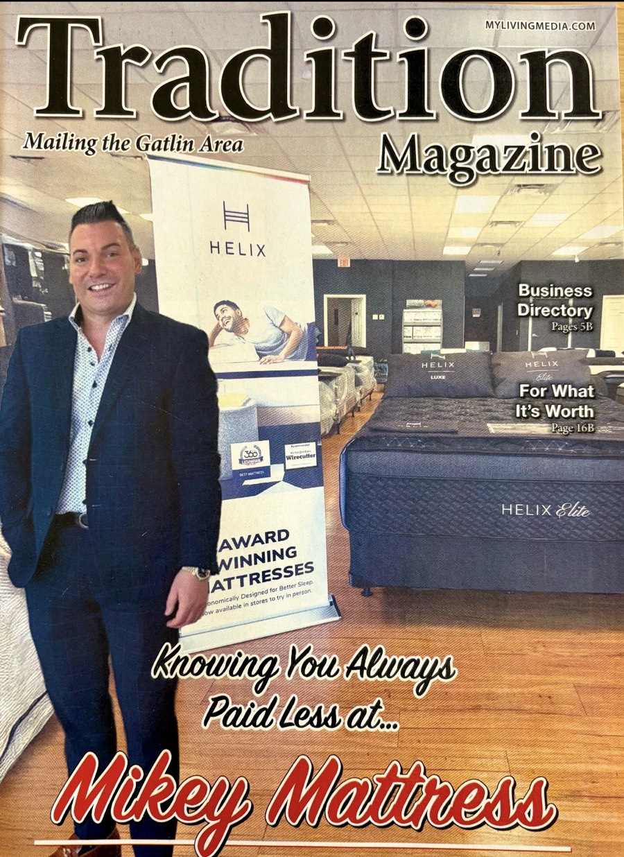 Tradition Magazine cover featuring Mike inside the Mikey Mattress Jensen Beach showroom — Knowing You Always Paid Less at Mikey Mattress
